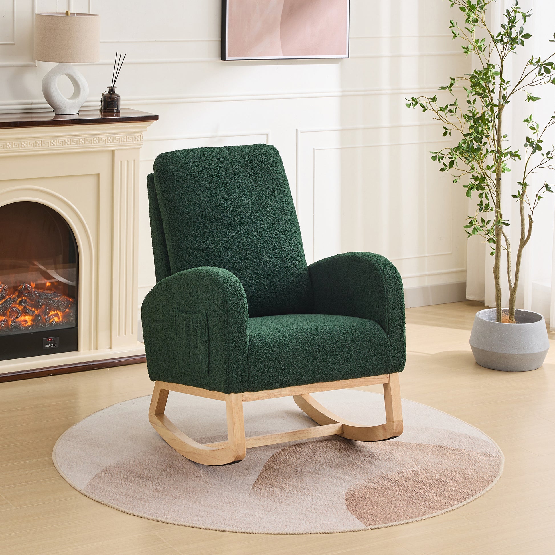 27.2"W Rocking Chair For Nursery, Sherpa Glider Chair With High Back And Side Pocket, Rocking Accent Armchair With Rubber Wood Legs For Living Room Bedroom.Green Green Sherpa