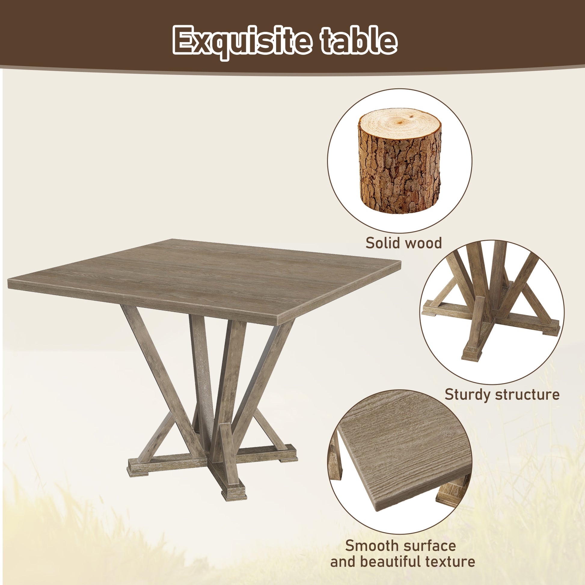 Modern Farmhouse Square Counter Table 45Inch Solid Wood Rubberwood Antique Finishing Rustic Look Distressed Look Wire Brushed For 4 Seaters 36Inch Height Grayish Brown Light Brown Distressed Finish Dining Room Antique,Farmhouse,French