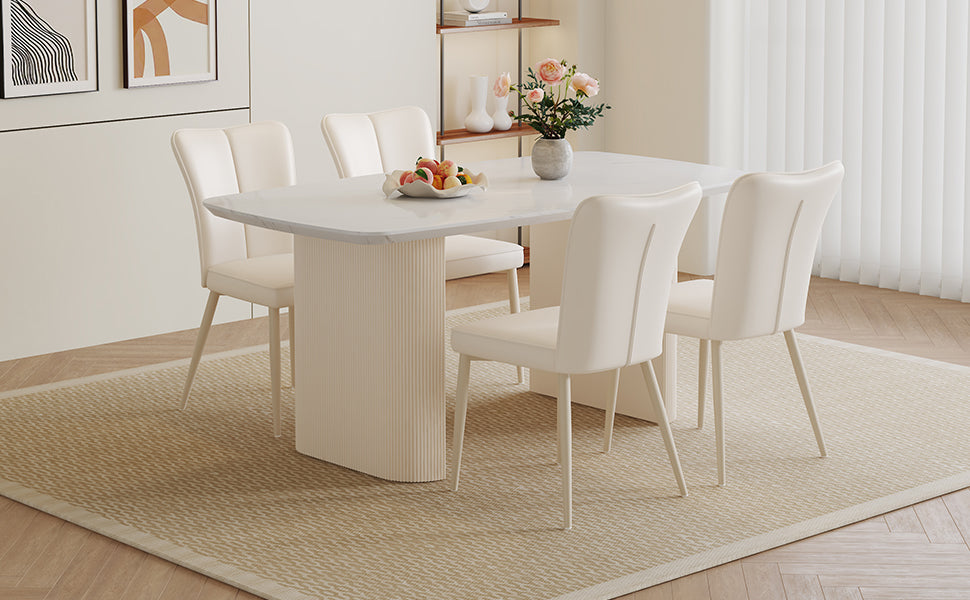 Table And Chair Set.67*35.4 Cream Style Mdf White Dining Table Set With 4 Cream Style Dining Chairs With A Vertical Line Design On Backrest.Adding A Warm And Gentle Atmosphere To Your Family. White