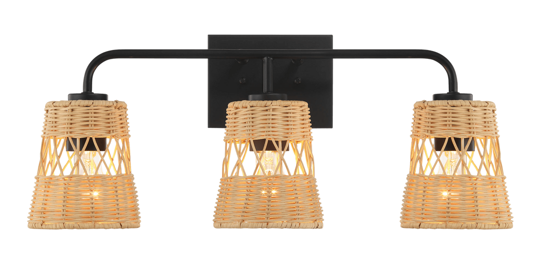 Moonlit Three Lights Wall Sconce With Rattan Shade, Bathroom Lighting Fixtures Over Mirror Black,Rattan Metal,Rattan