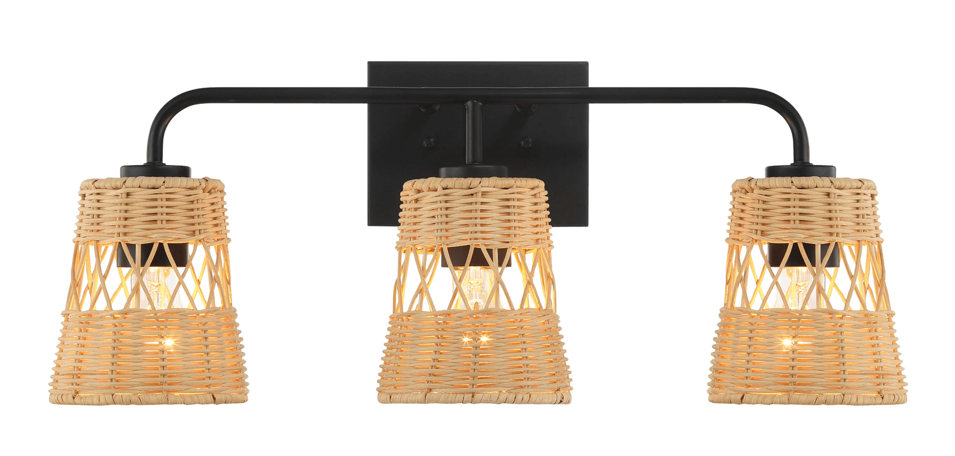 Moonlit Three Lights Wall Sconce With Rattan Shade, Bathroom Lighting Fixtures Over Mirror Black,Rattan Metal,Rattan