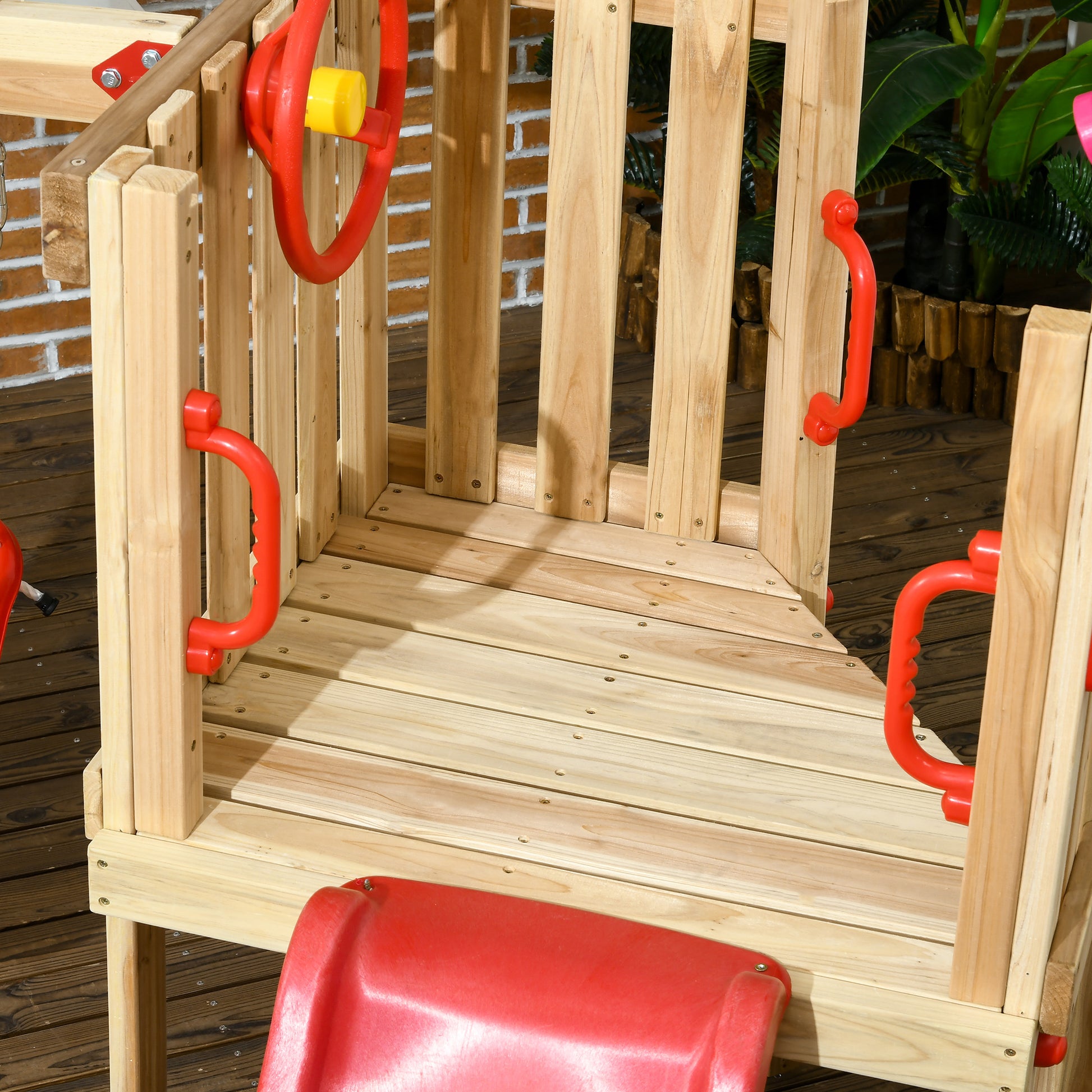 Outsunny 4 In 1 Wooden Swing Set Outdoor Playset With Baby Swing Seat, Toddler Slide, Captain'S Wheel, Horn, Kids Backyard Playground Equipment, Ages 1.5 4 Red Wood