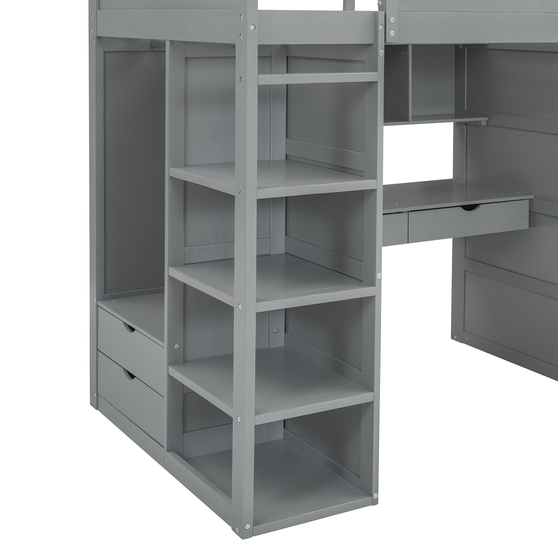 Twin Size Loft Bed With Desk, Wardrobes, 4 Drawers And 4 Shelves Gray Twin Gray Solid Wood