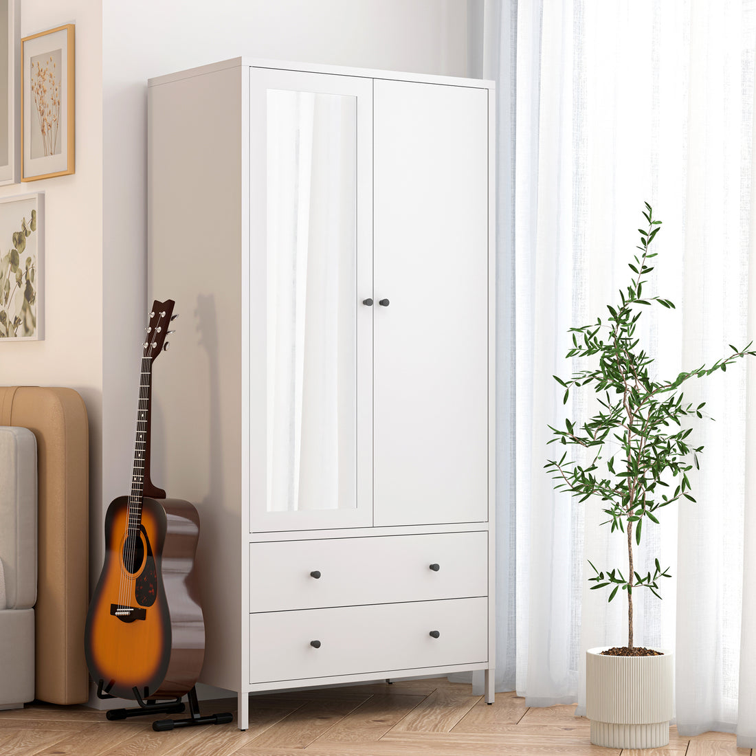 Metal Armoire Wardrobe Closet With 2 Drawers, Mirror Door And Hanging Rod, Metal Clothing Storage Cabinet, Garment Organizer With Magnetic Door White White Bedroom Retro Steel