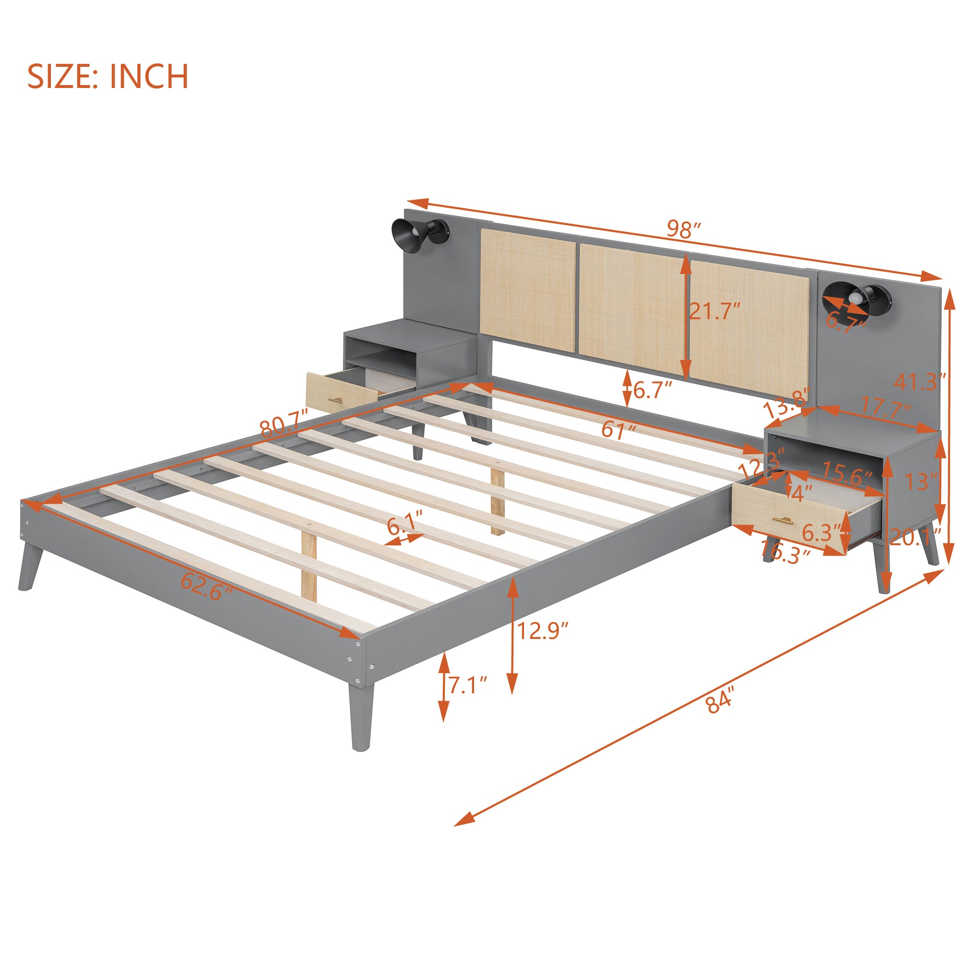 Queen Size Solid Wood Bed Frame With 2 Nightstands, Elegant Design With Lamps, Rattan And Wood Combination,Gray Queen Gray Wood