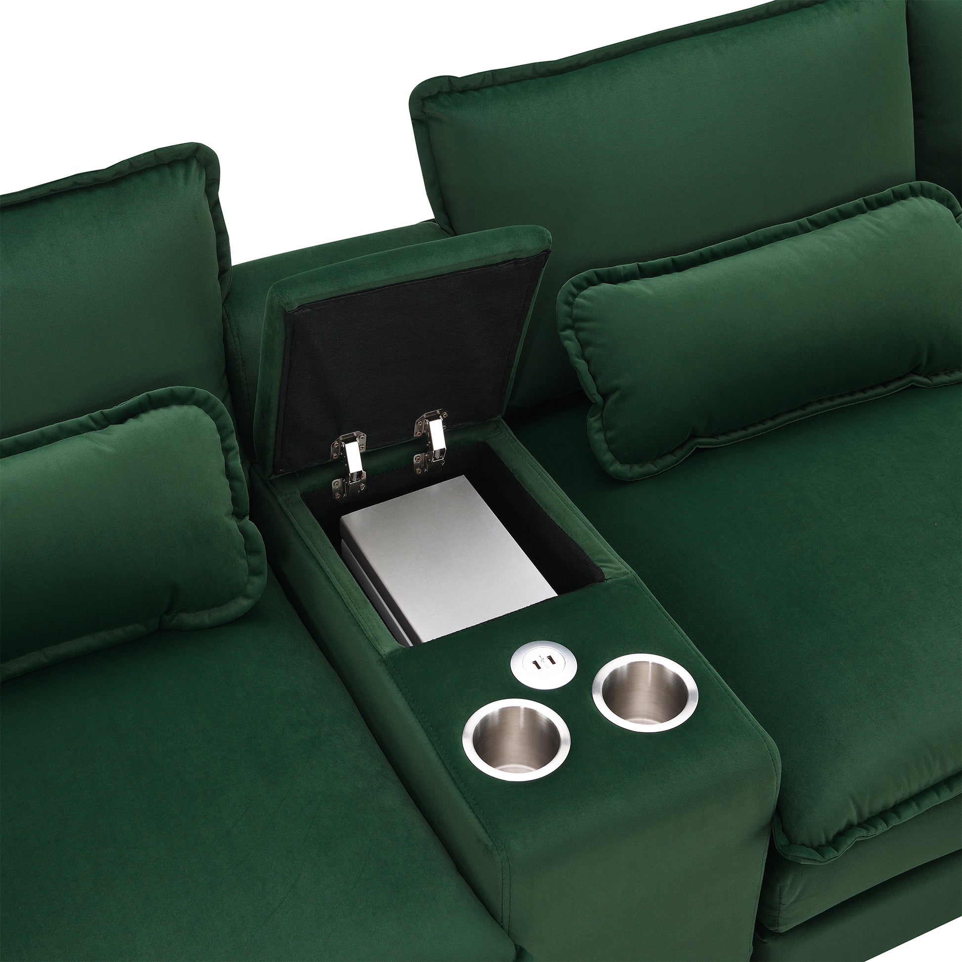 123*55" Modern U Shaped Sofa With Console,Cupholders And Usb Ports,6 Seat Upholstered Symmetrical Indoor Furniture,Sleeper Couch Set With Chaise For Living Room,Apartment,5 Colors Green Velvet 6 Seat