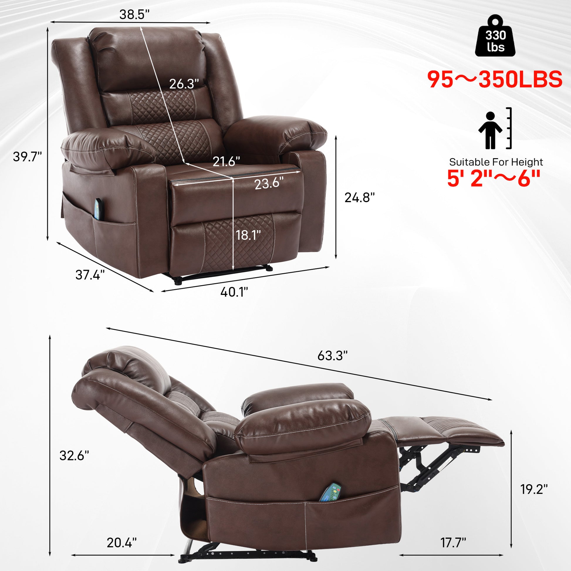 Leather Massage Recliner Chair Manual Living Room Reclining Sofa Brown Faux Leather Manual Handle Metal Primary Living Space Soft Cushion Back Heavy Duty American Design,American Traditional,Antique,Classic Pillow Top Arms Foam Pu Leather