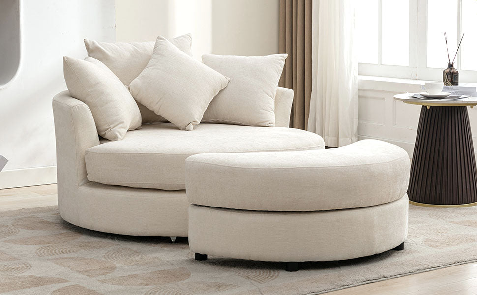 Orisfur. 360 Swivel Accent Barrel Chair With Storage Ottoman & 4 Pillows, Modern Chenille Leisure Chair Round Accent For Living Room, Cream Cream Foam Chenille