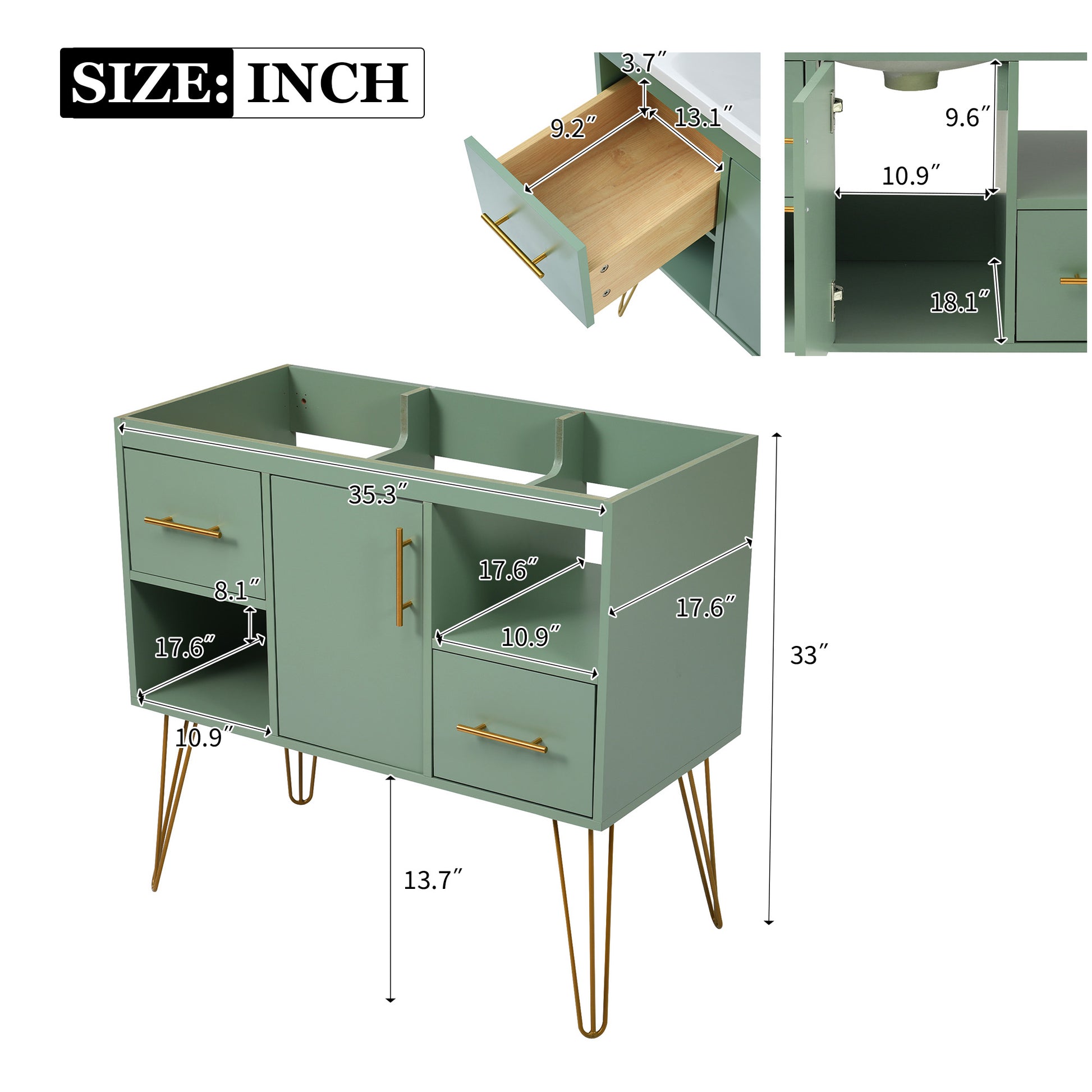 36'' Bathroom Vanity Without Sink, Modern Freestanding Single Bathroom Cabinet With 2 Drawers & 2 Storage Compartments, Storage Cabinet For Bathroom, Solid Wood Frame Vanitygreen Not Include Basin 2 Green 1 Adjustable Hinges Bathroom Freestanding Modern