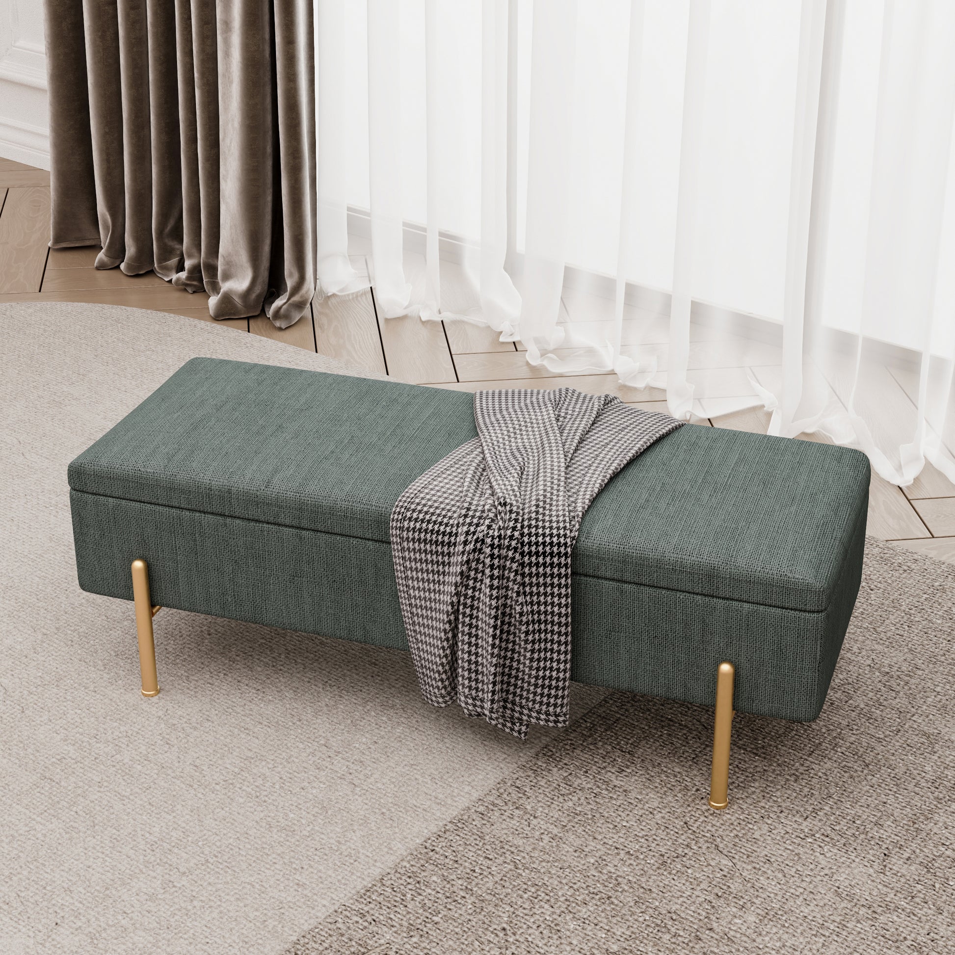 Upholstered Storage Bench Rectangular Ottoman Entryway Bench Storage Chest With Padded Seat Bed End Stool For Hallway Living Room Bedroom, Green Chenille Fabric Green Chenille Green Chenille