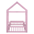 Wooden Floor Bed With Fence Railings And Detachable House Shape Headboard, Twin Size Bed With Kids Dress Up Rack, Kids Montessori Style Playhouse Frame For Girls Boys, Pink Twin Pink Wood