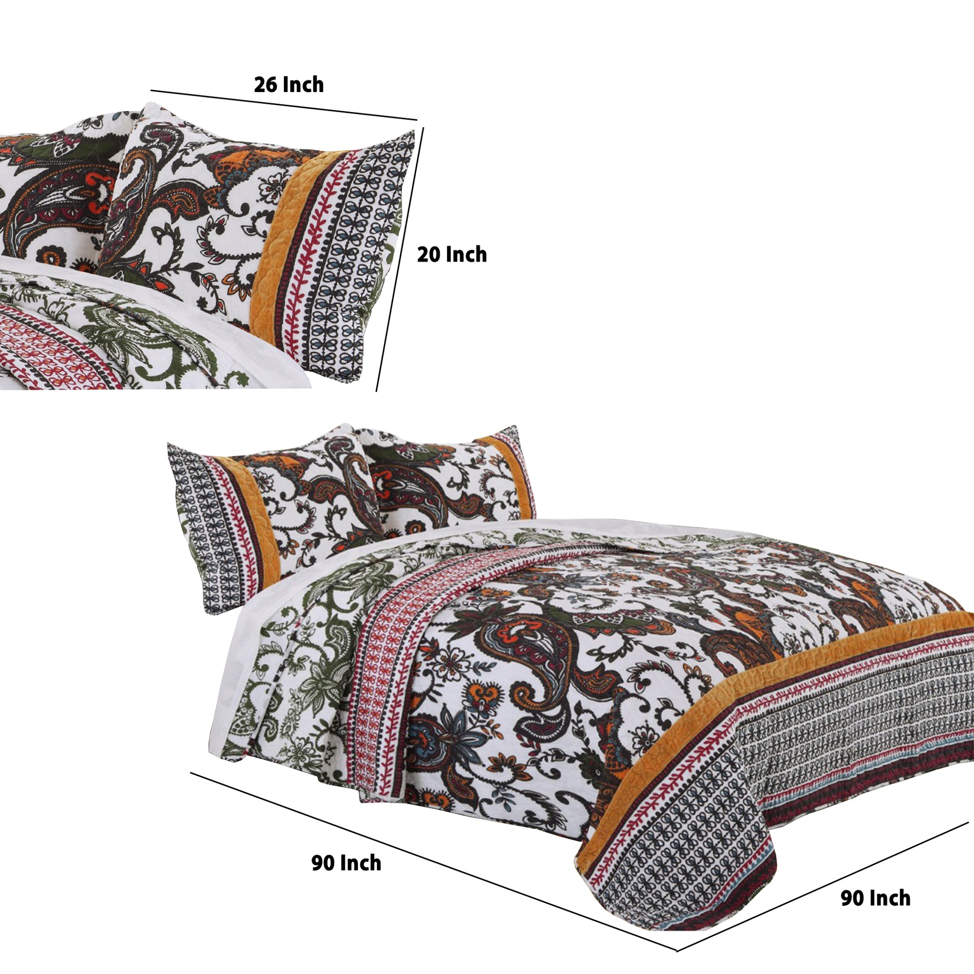 Detroit Fabric 3 Piece Queen Size Quilt Set With Tribal Motifs, Multicolor Multicolor Fabric