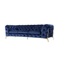 Reno Joni 97 Inch Modern Sofa, Chesterfield, Velour Fabric, Blue, Gold Blue Fabric Metal 3 Seat