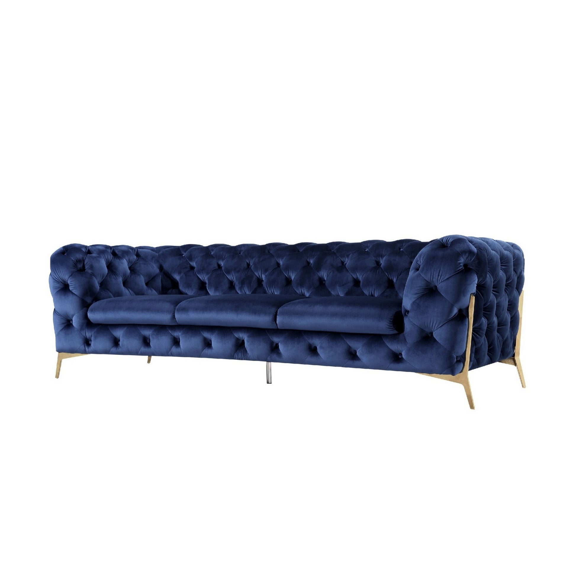 Reno Joni 97 Inch Modern Sofa, Chesterfield, Velour Fabric, Blue, Gold Blue Fabric Metal 3 Seat