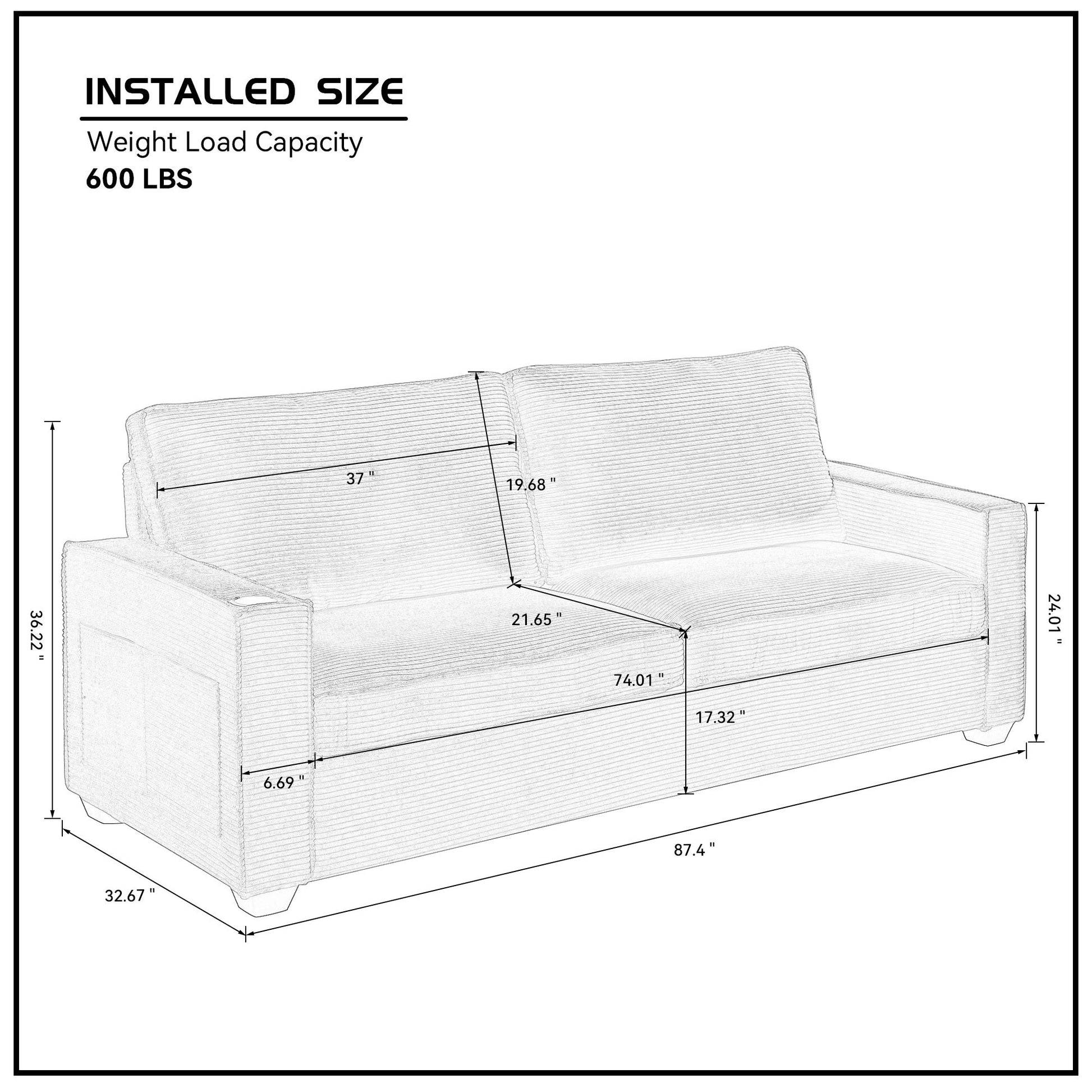 Corduroy Sofa, 87.4 Inch Modern Design Sofa With Cup Holder And Storage Bags, Deep Seat Sofa Couch,Comfy Couch For Living Room,Apartment,Beige Beige Corduroy 3 Seat