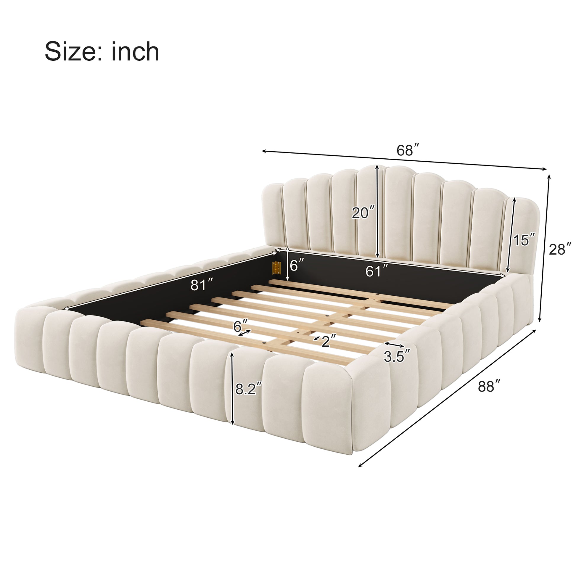 Velvet Upholstered Queen Bed Frame Floor Bed Shell Shaped Headboard For Bedroom,No Box Spring Needed,Beige Box Spring Not Required Queen Beige Wood Bedroom Contemporary Bed Frame Upholstered