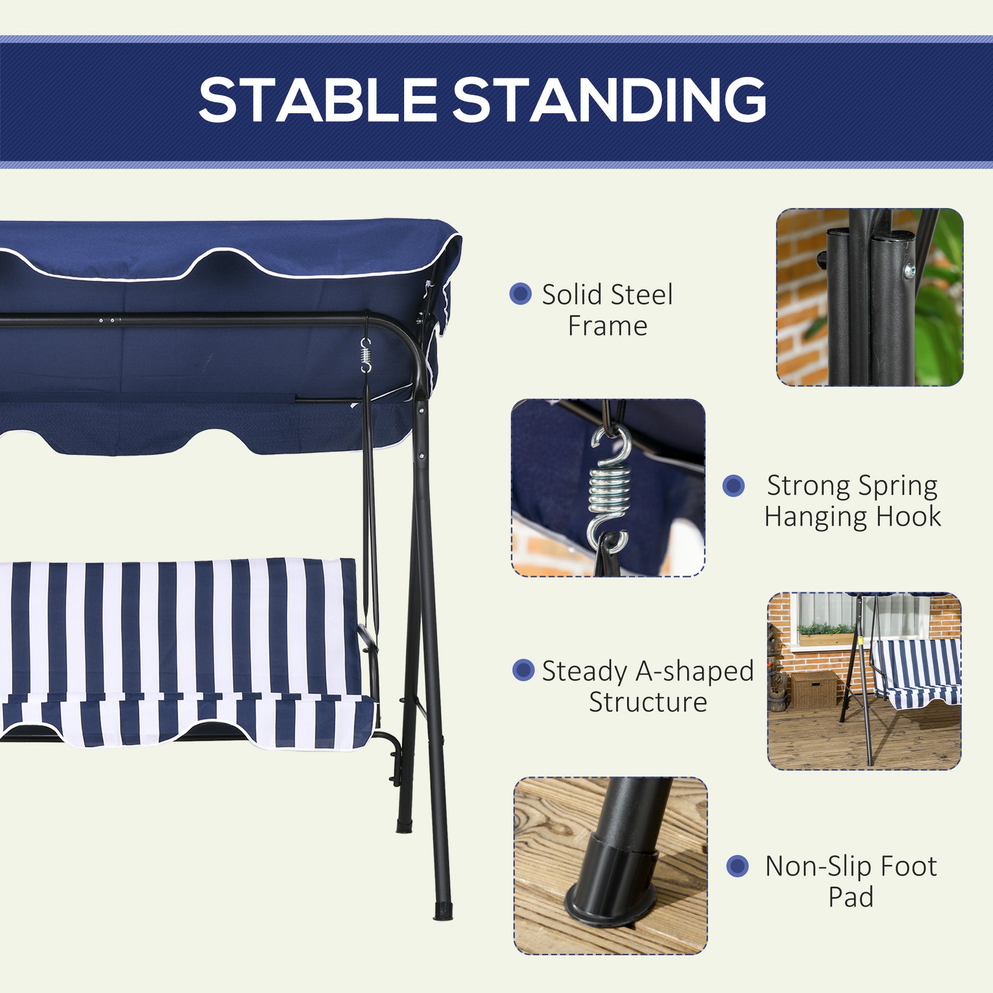 Outsunny 3 Seat Outdoor Patio Swing Chair With Removable Cushion, Steel Frame Stand And Adjustable Tilt Canopy For Patio, Garden, Poolside, Balcony, Backyard, Dark Blue Dark Blue Steel