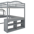 Full Wooden Loft Bed With U Shaped Desk,Storage Compartments And Tri Fold Mirror, Gray Gray Plywood,Solid Wood Mdf