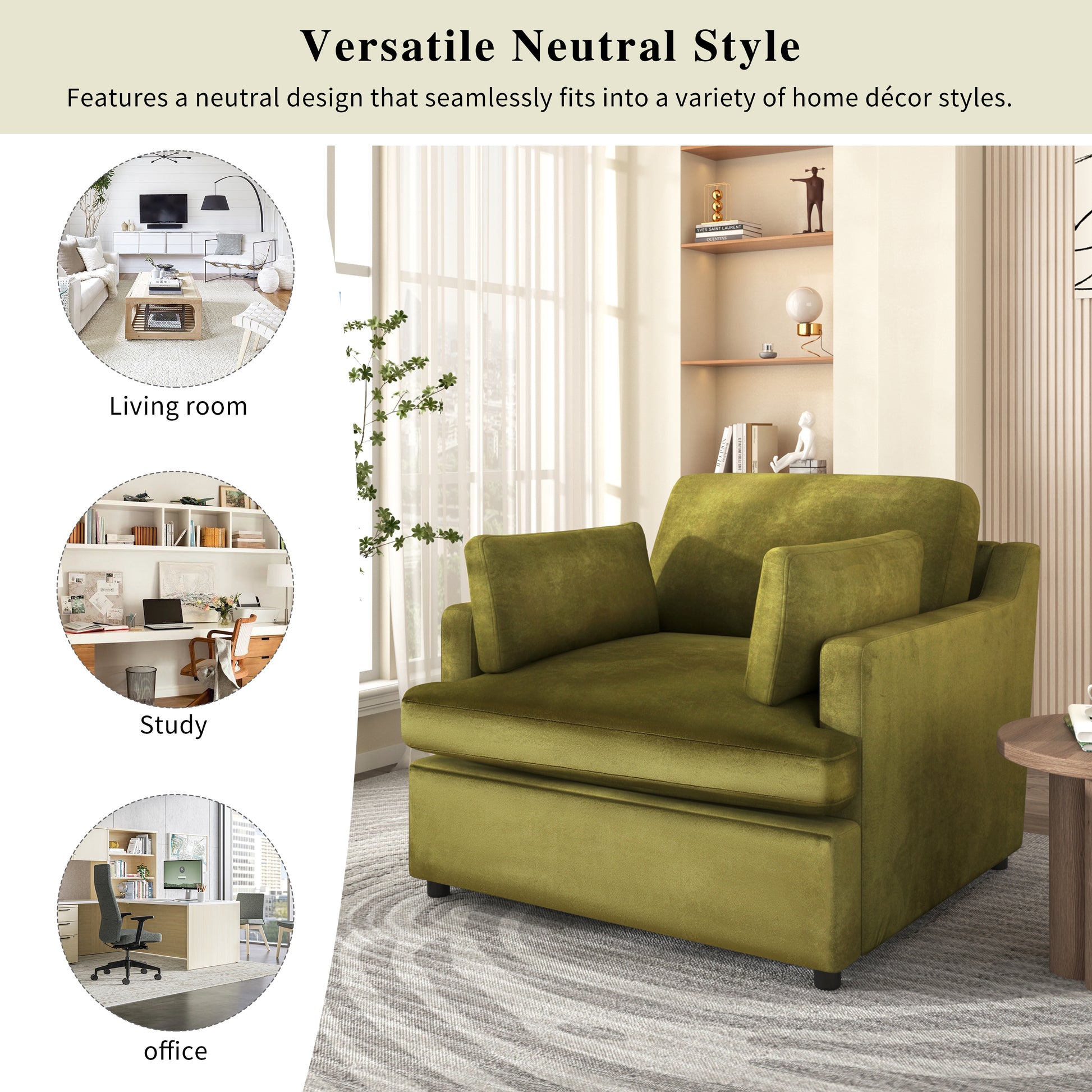 Mirod Oversized Accent Chair Comfortable Armrest Cushions, Versatile Neutral Style, Elegant Design, Durable Frame Green Velvet
