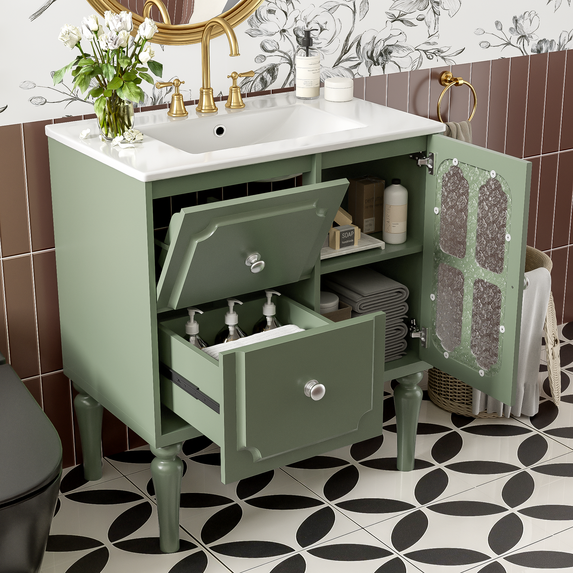 Retro Style 30'' Bathroom Vanity With Resin Sink Combo, Freestanding Single Vanity With 2 Drawers, Solid Wood Frame Bathroom Storage Cabinet, Green Green Bathroom Retro Solid Wood Mdf Resin
