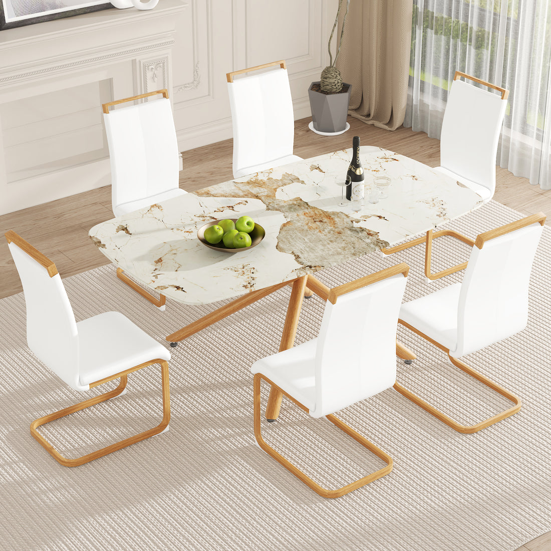 Table And Chair Set, Large Modern Minimalist Rectangular Dining Table, 0.39 Inch Imitation Marble Countertop, Wood Metal Table Legs, Comfortable And Soft Seats. Wood Glass Metal