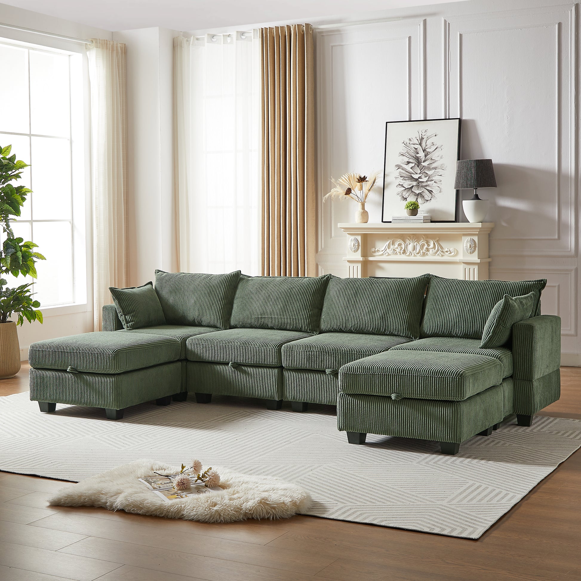 113.5'' Modular Sectiona Corduroy Sofa, Sectional Couches For Living Room U Shaped Sectional Couch With Storage Ottoman, 6 Seats Convertible Sectionals With Chaise Green Corduroy 6 Seat