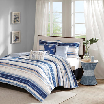 6 Piece Printed Quilt Set With Throw Pillows Blue Full Queen Full Blue Cotton