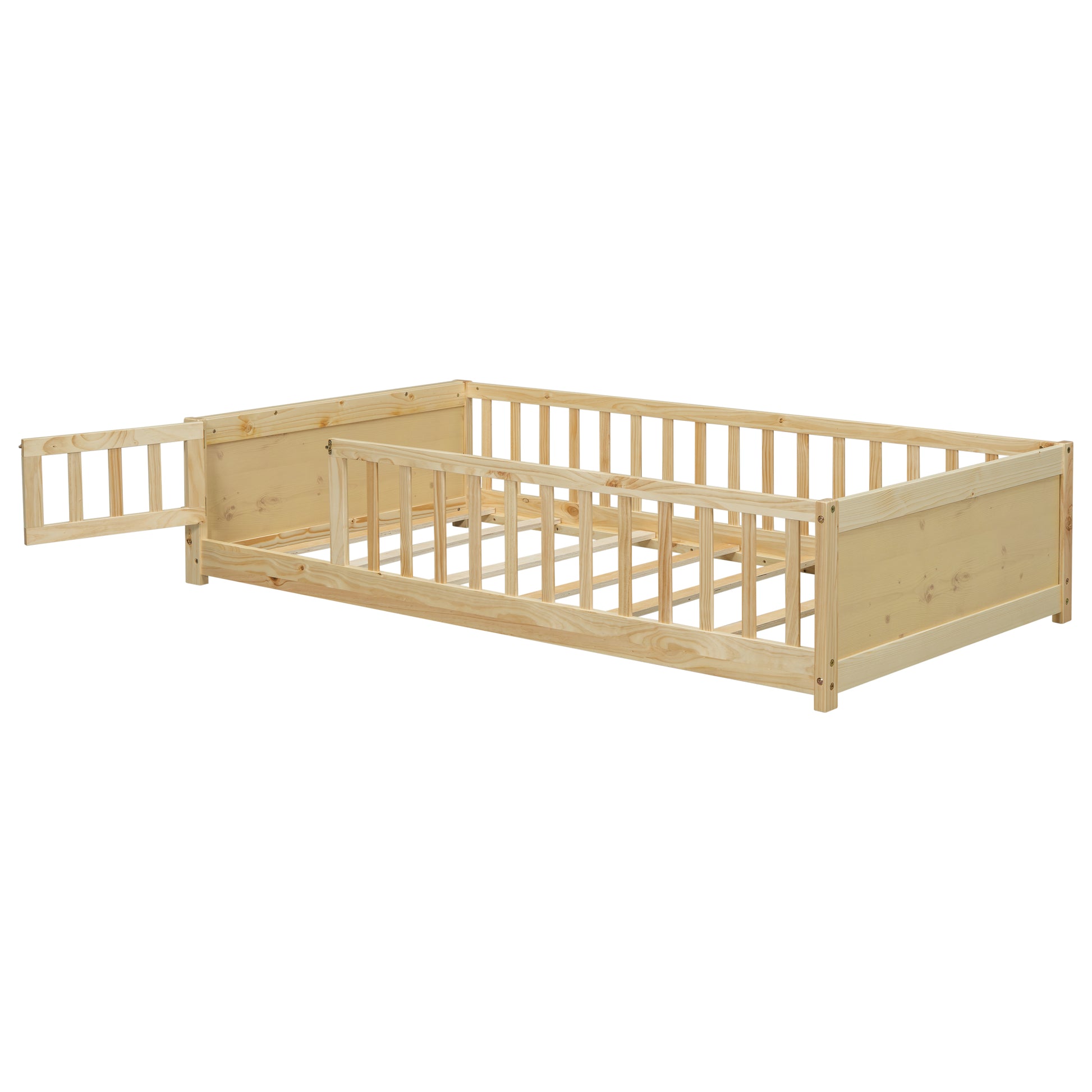 Twin Size Floor Platform Bed With Built In Book Storage Rack, Door,Natural Twin Natural American Design Pine