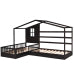 Wood House Bed Twin Size, 2 Twin Solid Bed L Structure With Fence And Slatted Frame, Espresso Twin Espresso Plywood