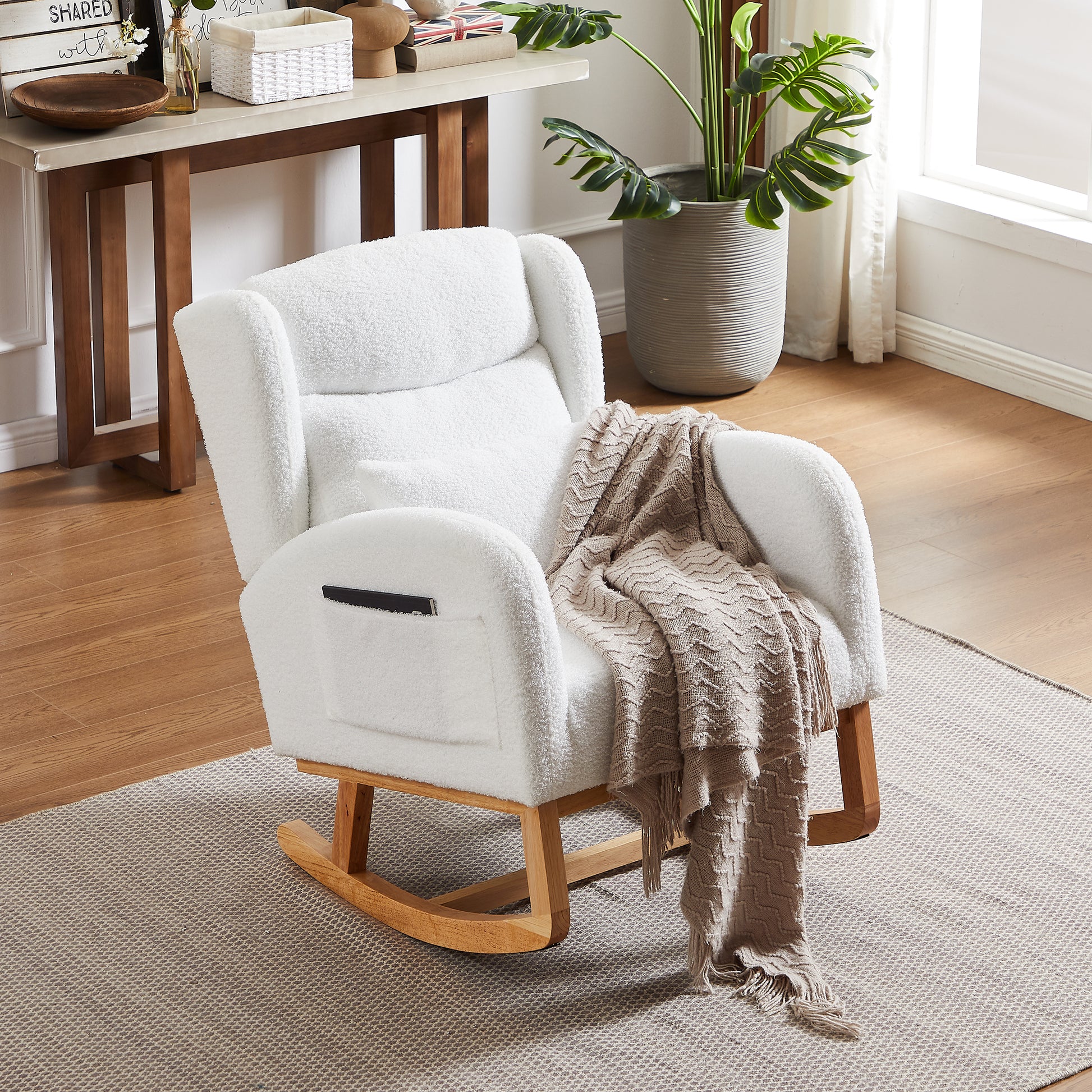27.2"W Modern Accent High Backrest Living Room Lounge Arm Rocking Chair, Two Side Pocket Ivory Foam Fabric