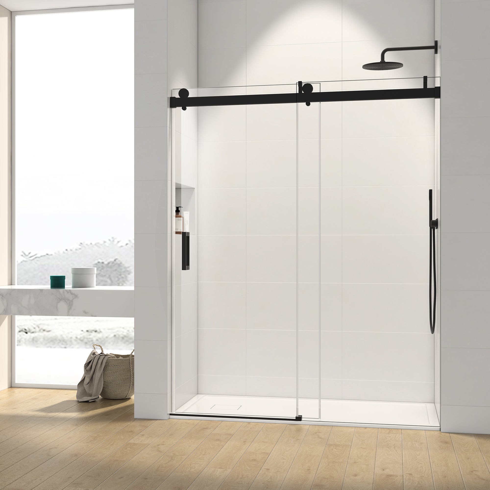 68" 72" W X 76" H Frameless Soft Closing Single Sliding Shower Door, 3 8" 10Mm Tempered Glass With Easy Cleaning Coating, Matte Black 22D01 72Mb Matte Black Bathroom Tempered Glass