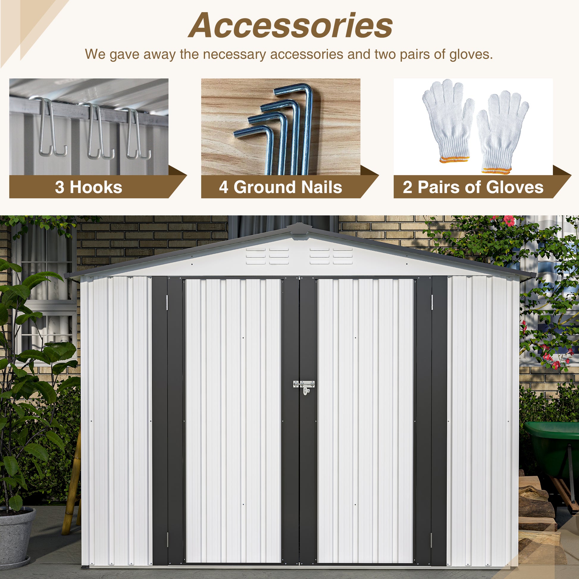 8 X 6 Ft Outdoor Storage Shed, All Weather Metal Sheds With 2 Lockable Doors, Tool Shed For Garden, Backyard, Lawn,White White Metal