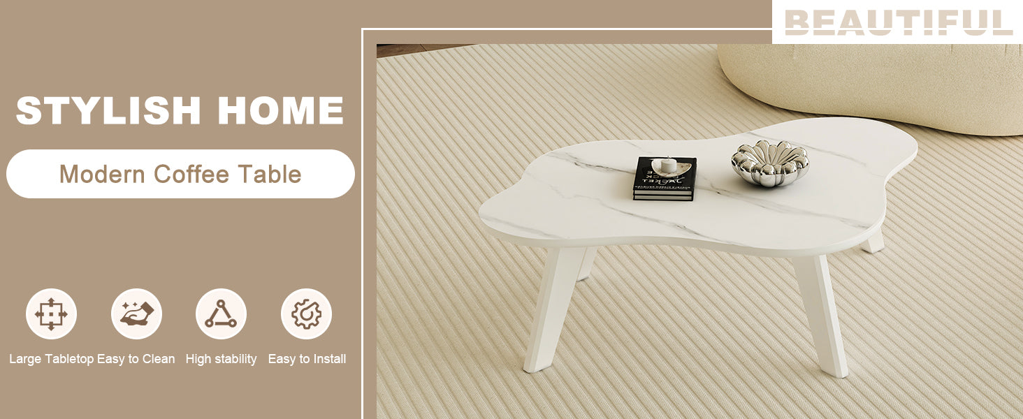 Modern Minimalist White Imitation Marble Tabletop Coffee Table. Solid Wood Spray Painted Desk Legs, Cloud Shape To Give You A Experience, Computer Desk. Suitable For Dining And Living Rooms. White Mdf