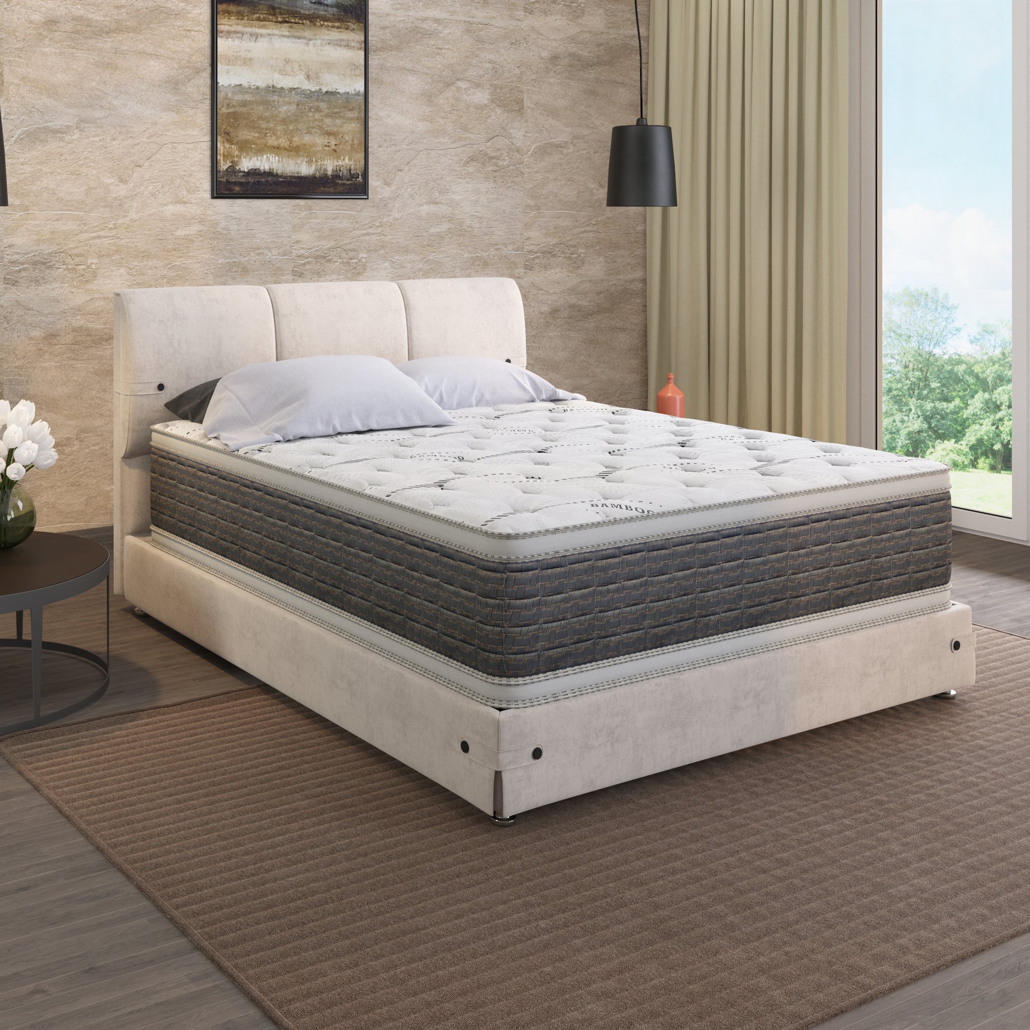 14.5" Dream Flex Two Sided Pillow Top King Mattress White Gray Bamboo Foam Spring King