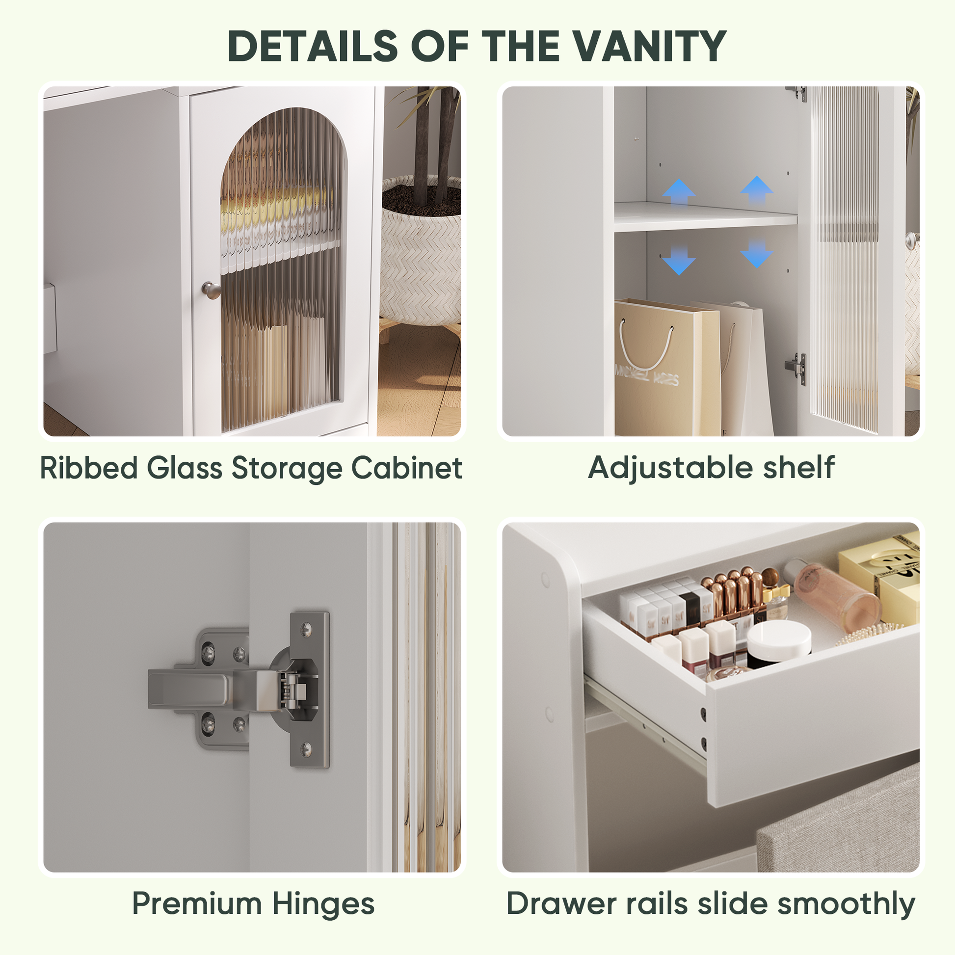 White Vanity Desk With 360 Rotated Mirror And Adjustable Lights, Girls Makeup Vanity Table With Storage Chair And Side Cabinet With Waveform Glass Doors, Dressing Table With Drawer For Bedroom