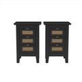 3 Pieces Bedroom Sets Queen Size Wooden Platform Bed With Natural Rattan Headboard, Nightstands Set Of 2 With Rattan Woven Surfaces And Three Drawers For Bedroom, Black Black Particle Board
