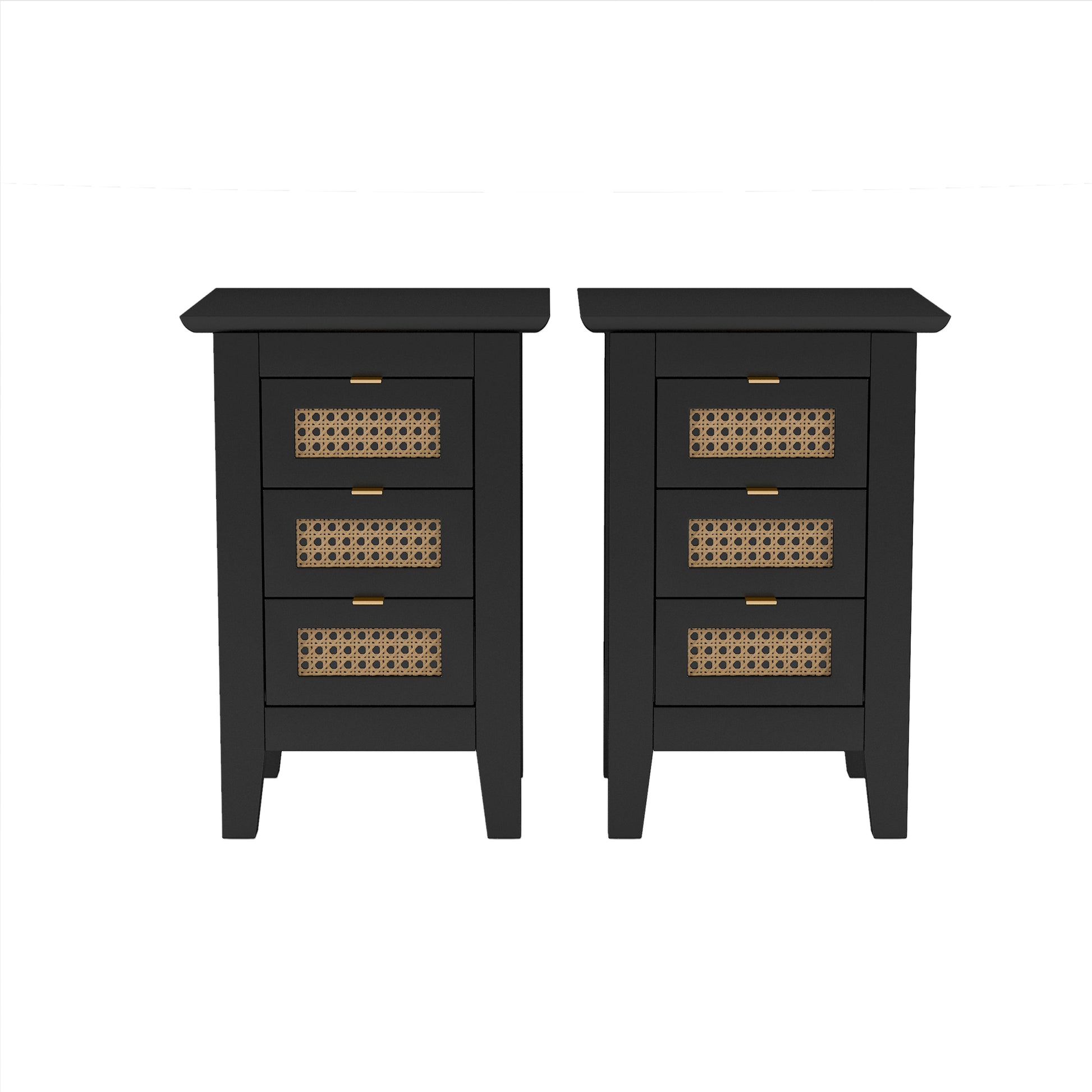 3 Pieces Bedroom Sets Queen Size Wooden Platform Bed With Natural Rattan Headboard, Nightstands Set Of 2 With Rattan Woven Surfaces And Three Drawers For Bedroom, Black Black Particle Board