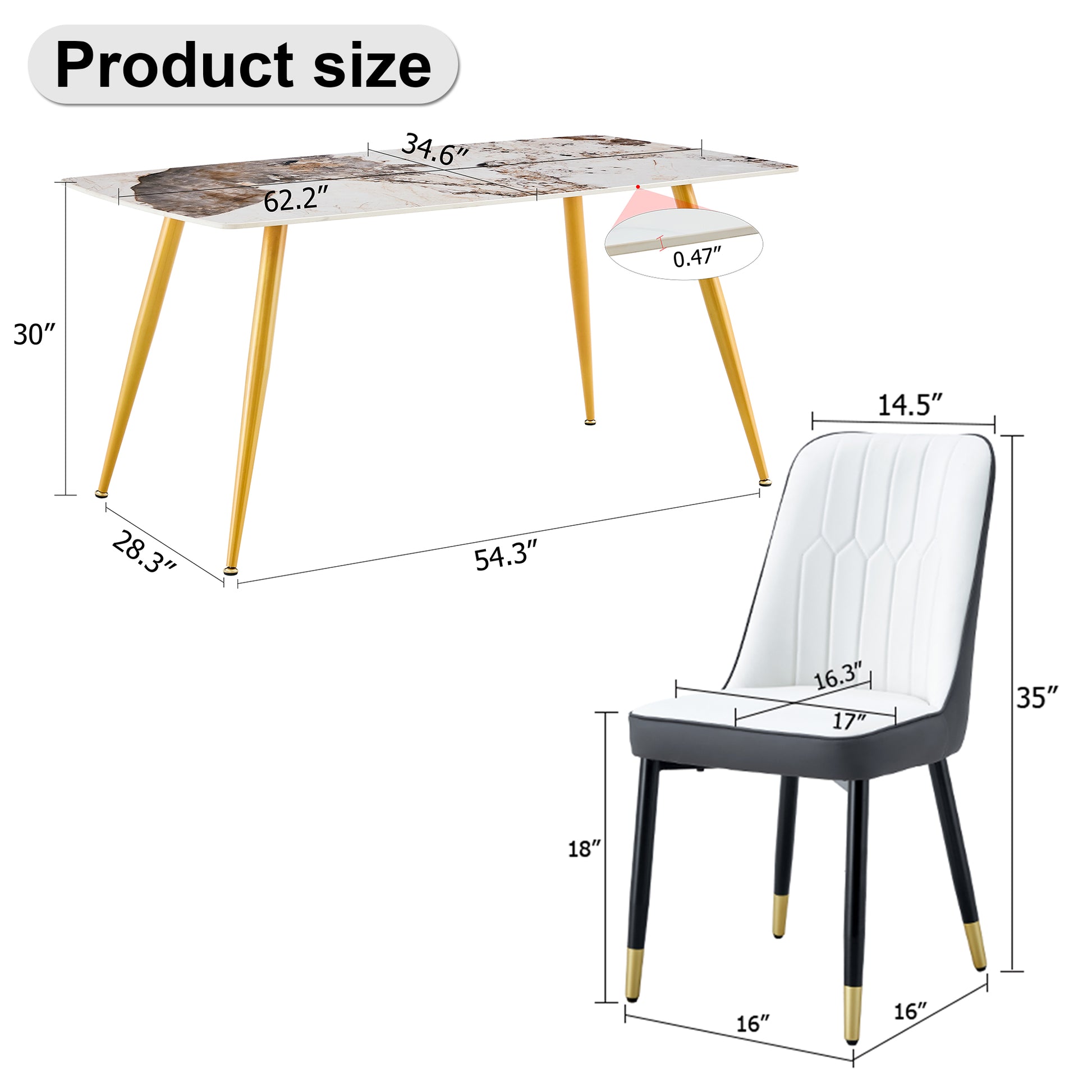 Table And Chair Set.Modern Minimalist Dining Table. White Imitation Marble Pattern Sintered Stone Desktop With Golden Metal Legs.Paried With 4 Comfortable Chairs With Pu Seats And Black Metal Legs.