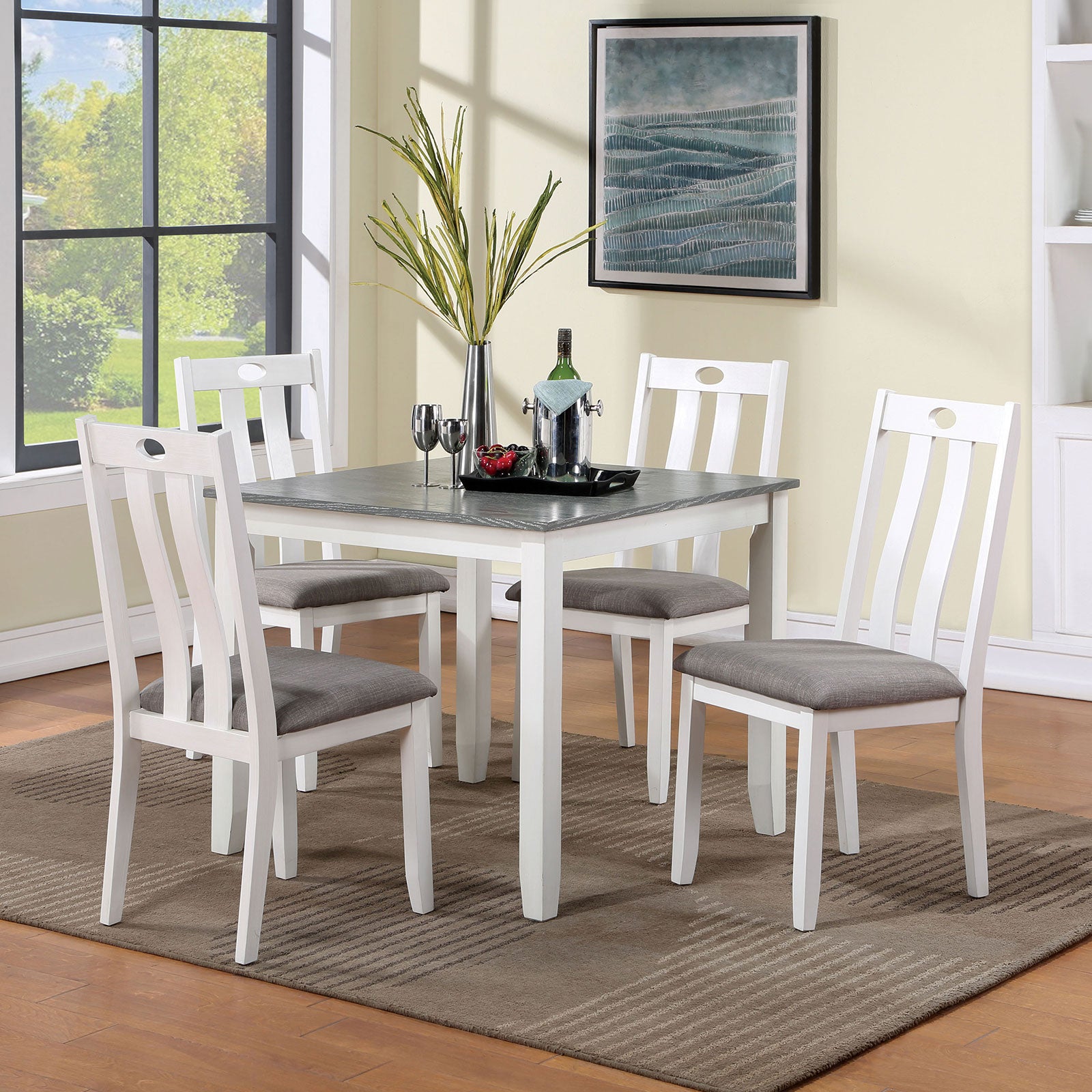 Modern White Solid Wood 5Pc Dining Set Table 4X Chairs Gray Fabric Cushions Seats Chairs Dining Room Wood Dining Room Solid Wood Square Dining Table With Chair Wood Wood White Gray Slat Back Seats 4 36 Inches Contemporary,Modern,Transitional 4 Leg