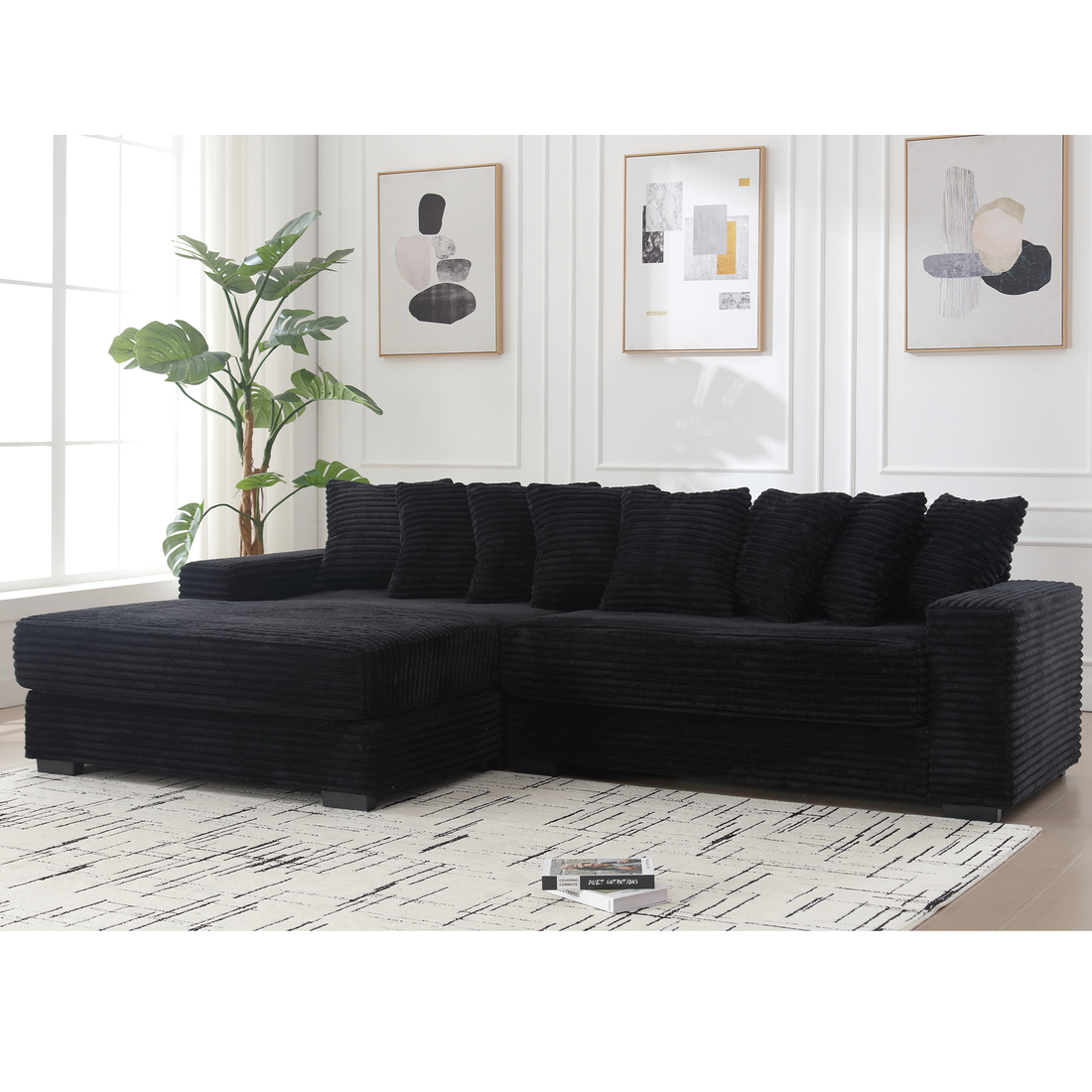 Arrived Oversized Two Piece Couches, L Shaped Sofa, Corduroy, Left Chaise Daybed,With Armrests,Eight Throw Pillows,Corner Sofa,Easy To Assemble, Black Black Polyester Wood Primary Living Space