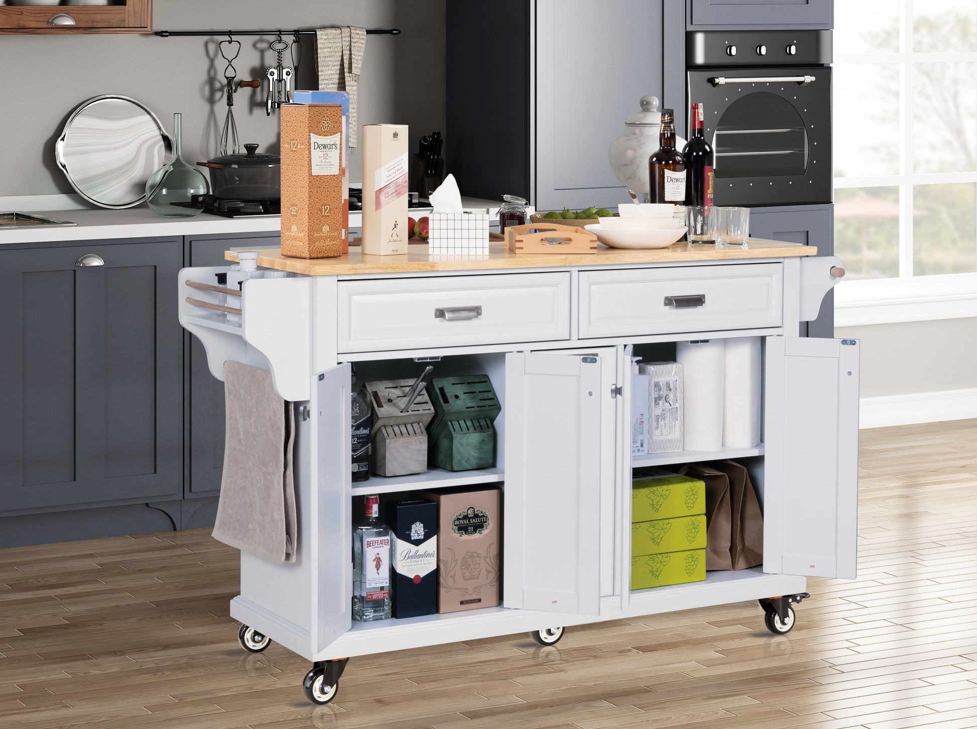 Kitchen Island With Rubber Wood Countertop, Kitchen Cart On 5 Wheels With Storage Cabinet And 2 Top Drawers And A Center Double Layered Storage Drawer For Dinning Room, White White Dining Room Rectangular Rubberwood Solid Wood Mdf Large 56 In