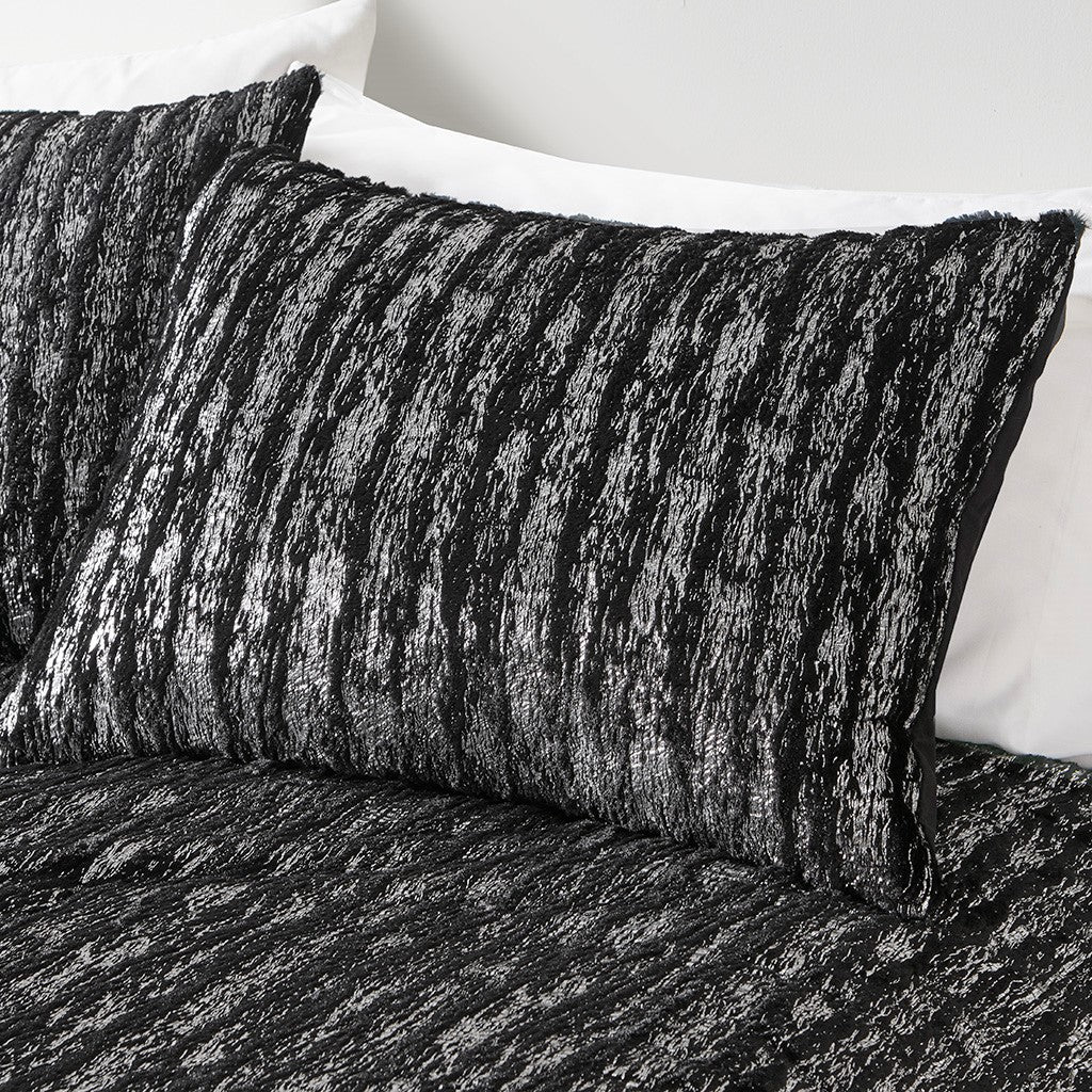 Metallic Print Faux Fur Comforter Set Queen Black Silver Polyester