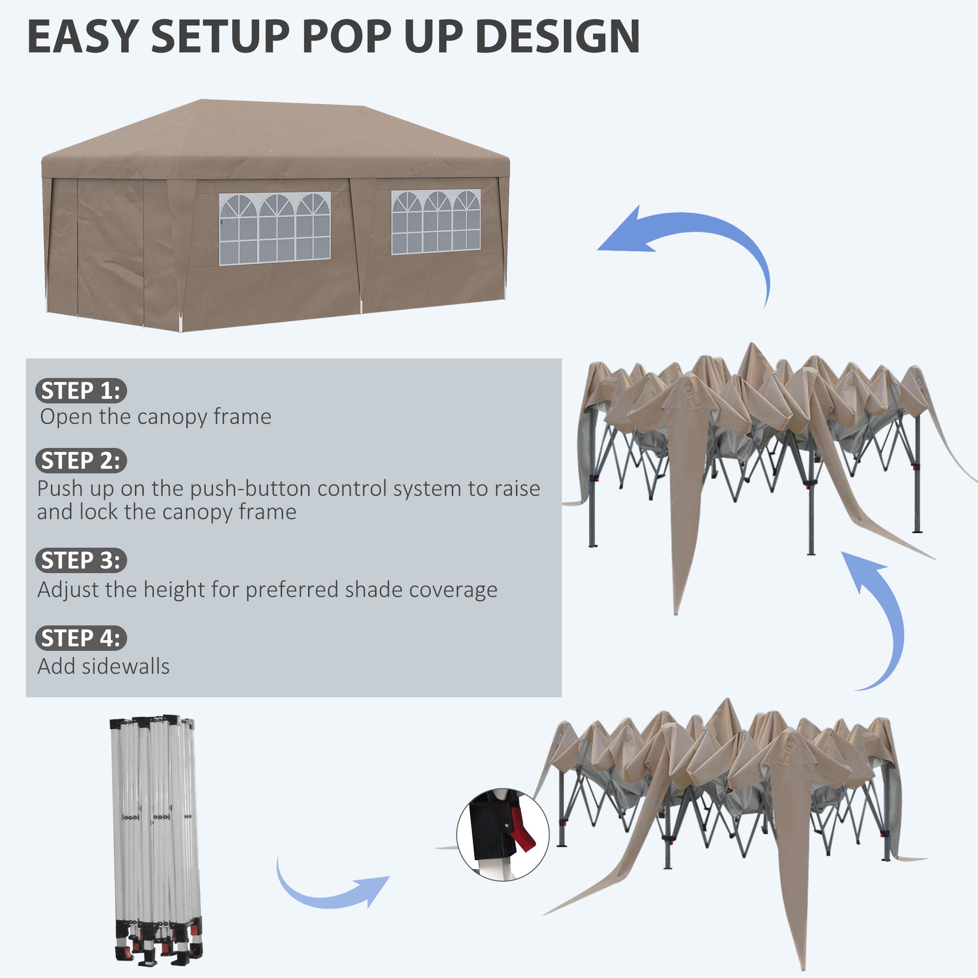 Outsunny 10' X 19.5' Pop Up Canopy Tent With Sidewalls, Upf 30 Height Adjustable Large Party Tent Event Shelter With Leg Weight Bags And Wheeled Carry Bag For Garden, Patio, Brown Brown Steel