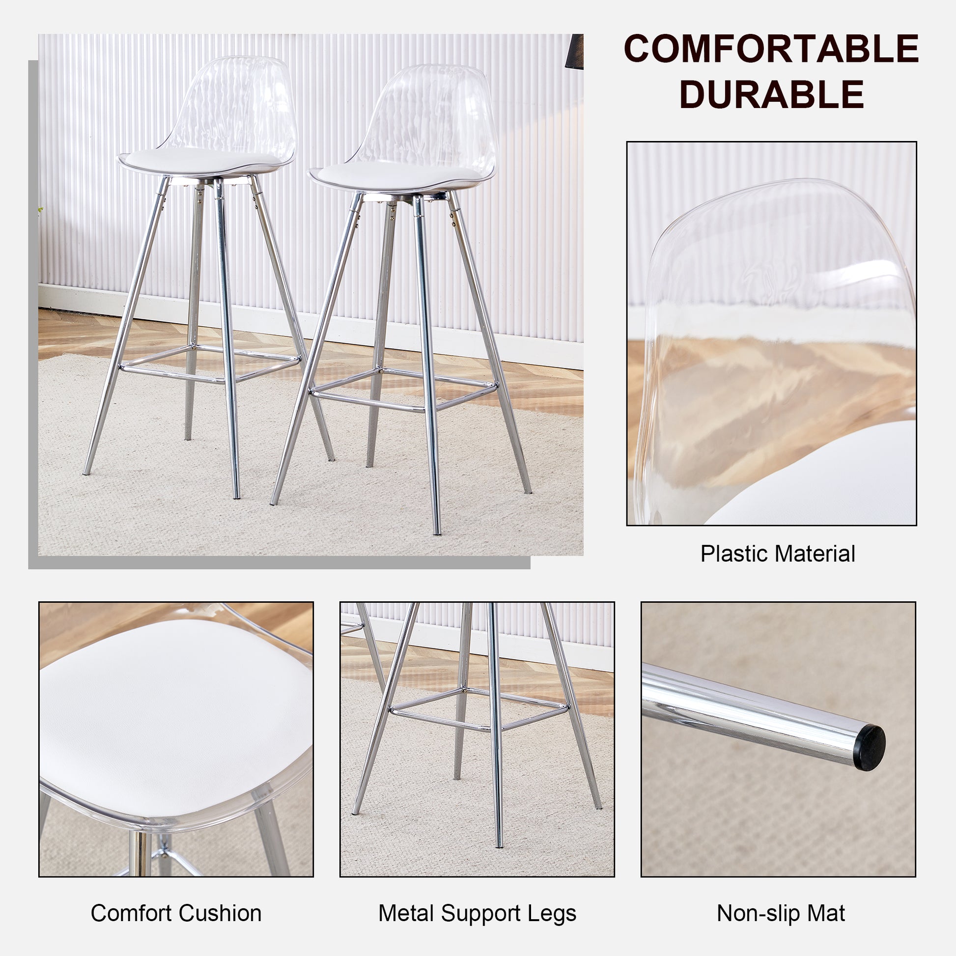 Modern And Comfortable Upholstered Bar Chairs, Metal Legs, Small Size Bar Chairs, Suitable For Part Of The Crowd, Stylish Design For Dining Room, Kitchen, Terrace And Living Room Chairs. White