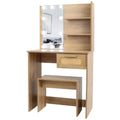 Vanity Desk Set Stool & Dressing Table With Led Lighting Mirror Drawer And Compartments Modern Wood Cosmetic Table Chest Of Drawers Nature Color Natural Wood Particle Board