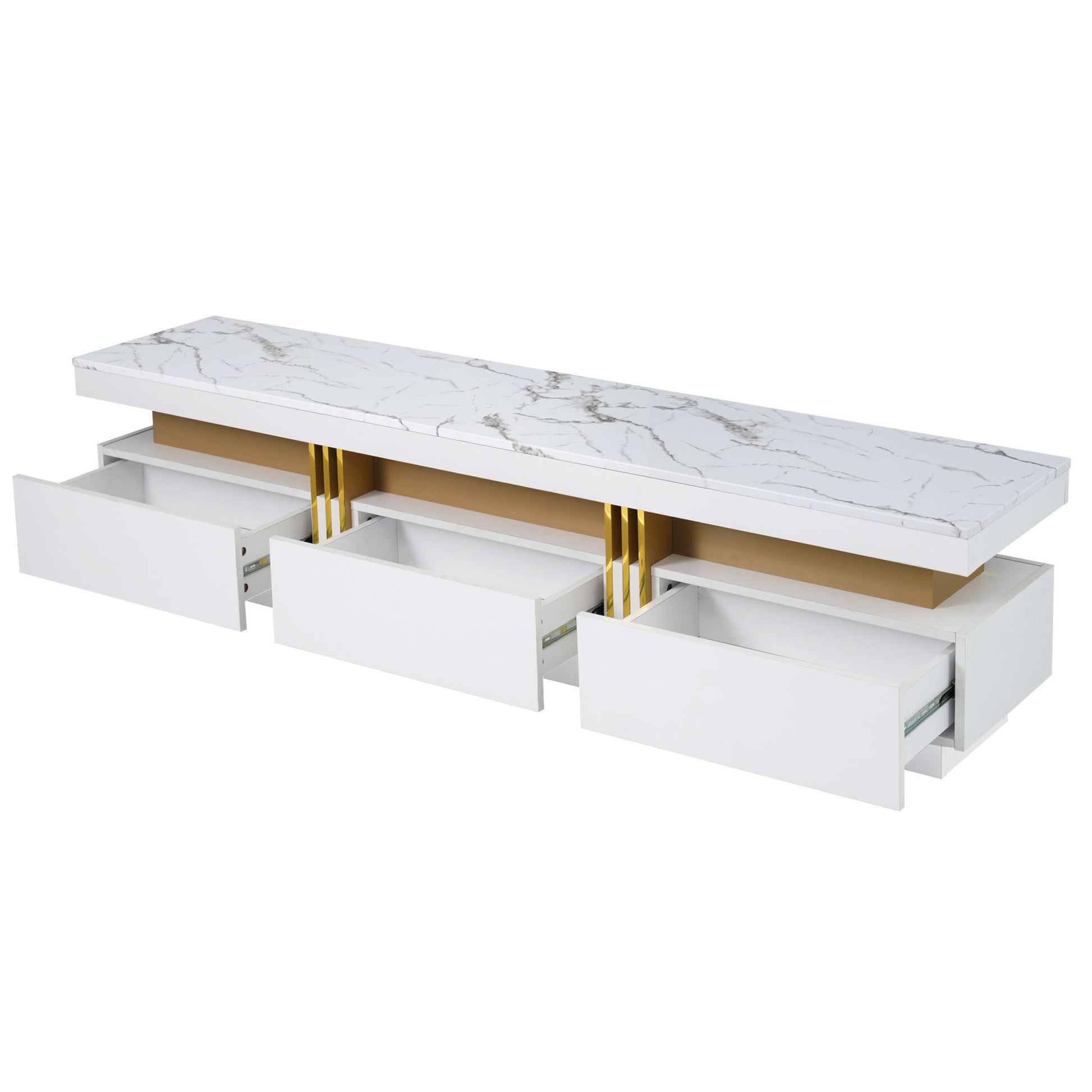 Luxury Tv Stand With High Gloss Faux Marble Top For Tvs Up To 78'', Rectangle Media Console With Golden Panel Design, Practical Entertainment Center With 3 Drawers For Living Room, White White Gold 70 79 Inches 70 79 Inches Mdf