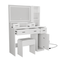 White Dressing Table With Led 3 Color Illuminated Mirror And Power Outlet, Dressing Table With Drawers, Storage Box And Shelf, Dressing Table With Bedroom Cushioned Stool White 5 Drawers & Above