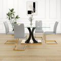 Modern Style Glass Dining Table, Elegant Transparent Design, Solid Support Base, Grey Dining Chair Set, Gold Plated Chair Legs, Suitable For Restaurant Kitchen Use Set Of 5 Grey Gold Seats 4 Mdf Glass
