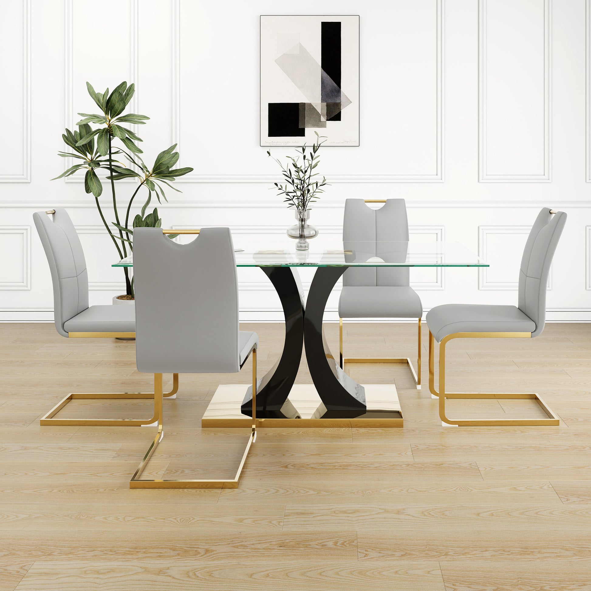 Modern Style Glass Dining Table, Elegant Transparent Design, Solid Support Base, Grey Dining Chair Set, Gold Plated Chair Legs, Suitable For Restaurant Kitchen Use Set Of 5 Grey Gold Seats 4 Mdf Glass