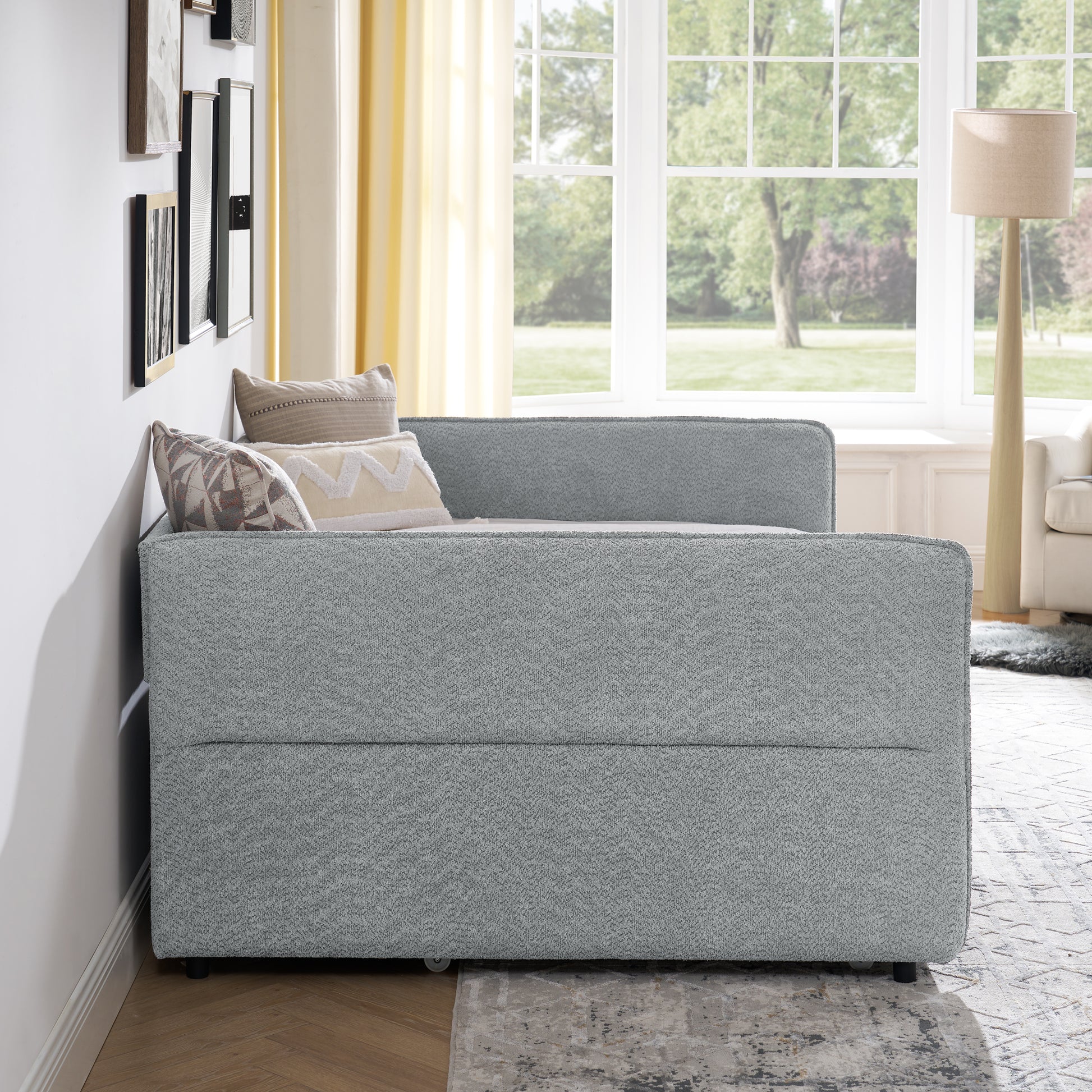 Daybed With Trundle Upholstered Tufted Sofa Bed, Full Size, Boucle Fabric, Grey 83"X58.5"X29.5" Grey Linen